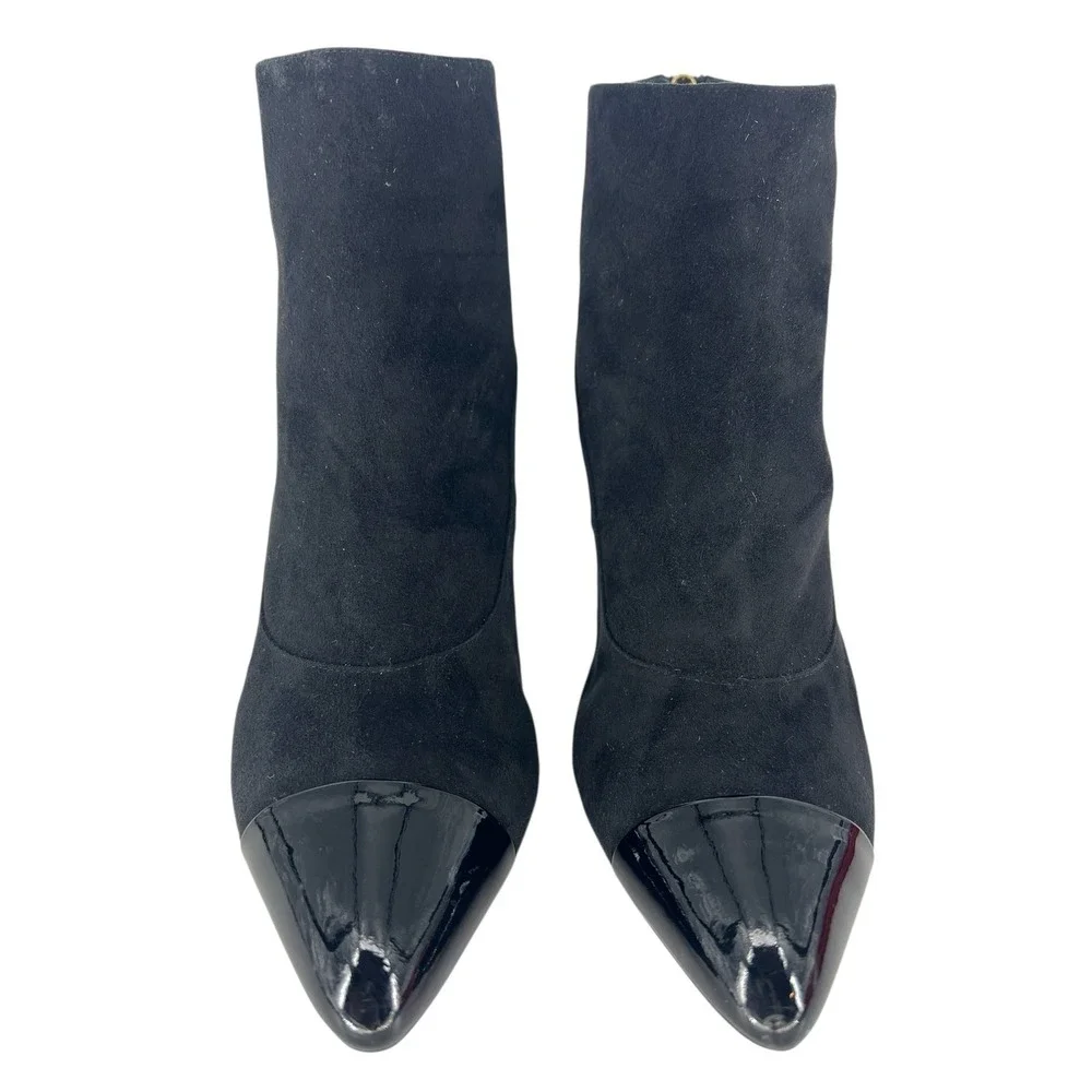 Chanel 2020 CC Suede Pearl Heel Cap Toe Logo Boots Black Size 40.5‎